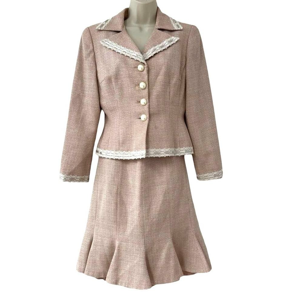 Maggy London Petites Pink Vintage Tweed Lace Trim Skirt Suit Blazer Y2K sz 10 P - Picture 2 of 16